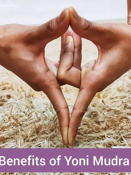 This is a close-up of Yoni Mudra, a hand gesture that symbolizes the womb and invokes primal creative energy. Practicing this mudra helps to calm the mind and draw your awareness inward, making it a wonderful tool for meditation and relaxation.