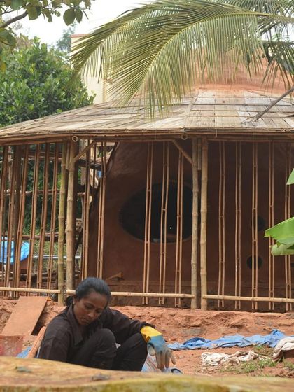 The Cheerville farmhouse taking shape. Here you can see the bamboo framework being erected by our team of women masons, a critical step in creating this off-the-grid, 100% cement-free structure.