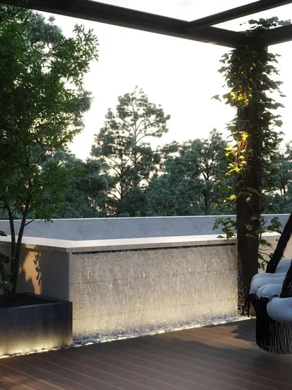 A key feature of this terrace design is the hanging swing chair, providing a perfect spot for quiet contemplation. The design also incorporates a low water feature with subtle lighting along its edge, adding a tranquil element to the space.