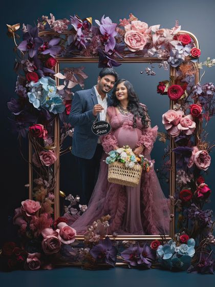 The perfect frame to celebrate new beginnings. This floral portrait, enhanced with digital artistry, captures the beauty and anticipation of welcoming a new life.