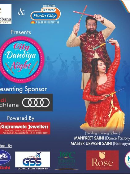 The official poster for the 'City Dandiya Night' in Jalandhar, presented by Radio City and featuring us as the leading choreographers.
