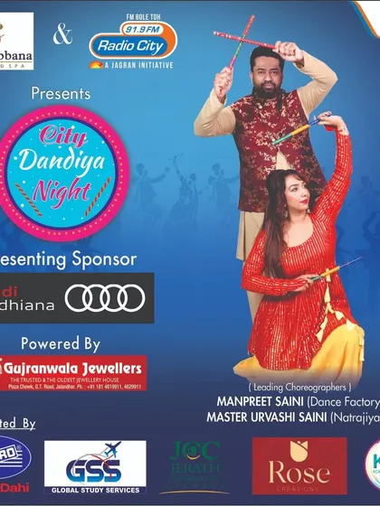 The official poster for the 'City Dandiya Night' in Jalandhar, presented by Radio City and featuring us as the leading choreographers.