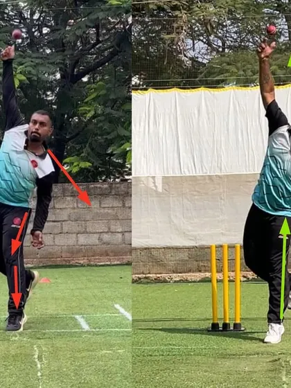 This off-spinner had a front-on release and a collapsing front leg. The 'after' shot shows a strong release with good body usage, resulting in maximum turn.