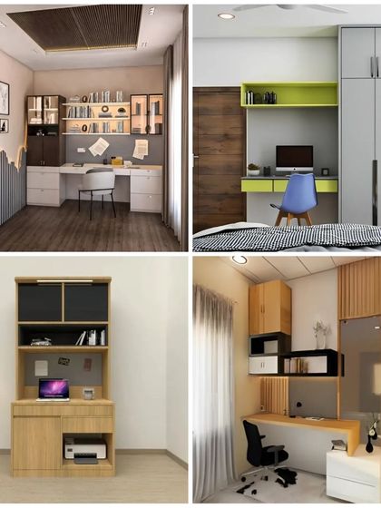 This collage shows a variety of our study unit designs. You can see examples of single and dual workstations, compact bedroom nooks, and larger dedicated study areas, all customized to our clients' needs.