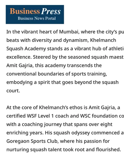 Business Press highlighted our academy's ethos, steered by my passion for nurturing squash talent that transcends the conventional boundaries of sports training.