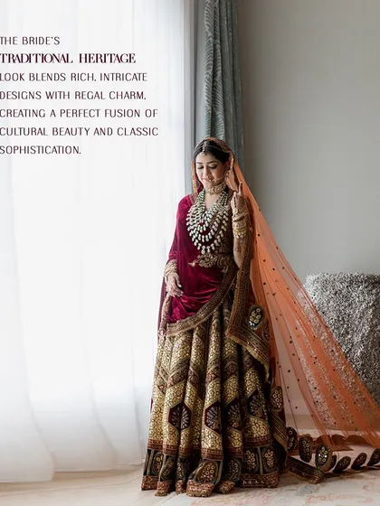 A portrait of the bride in her traditional heritage look. The rich, intricate designs of her lehenga create a perfect fusion of cultural beauty and classic sophistication.