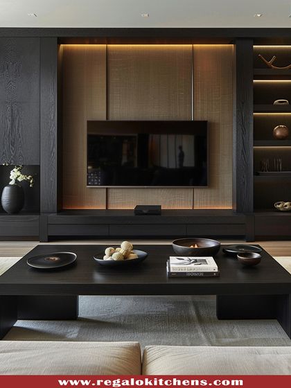 A striking, dark wood entertainment center that commands attention. The asymmetrical design with open, lit shelving provides a stylish way to display books and decor.
