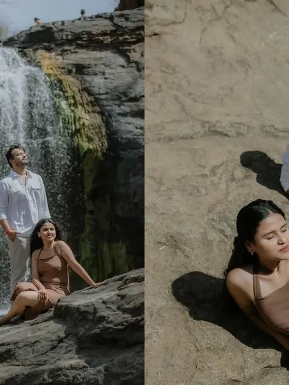 A diptych showing the couple enjoying the sun by the waterfall. These shots capture a relaxed and peaceful moment during their outdoor pre-wedding session.