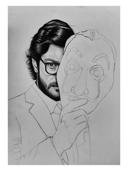 The 96-hour process of drawing El Professor. These images show the careful work of capturing his likeness and the iconic Dali mask.