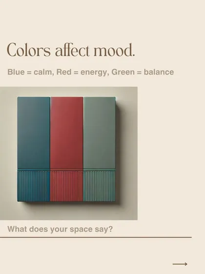 Colors directly affect mood. Blue can induce calm, red can energize, and green can create balance. This simple infographic demonstrates how the color palette of your workspace is constantly communicating with your brain, shaping how you feel.