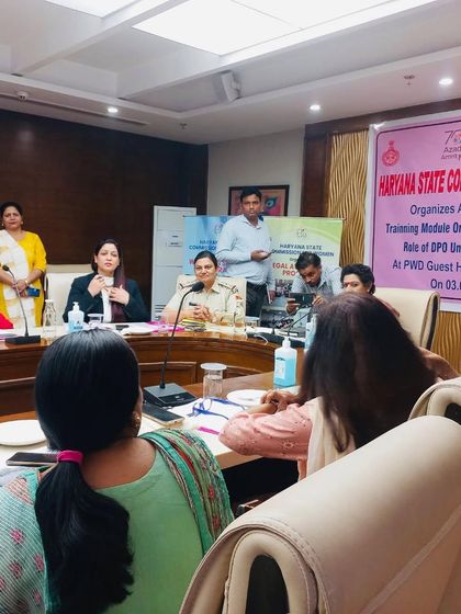 Explaining a legal point to Protection-cum-Prohibition Officers during a training organized by the Haryana State Commission for Women.