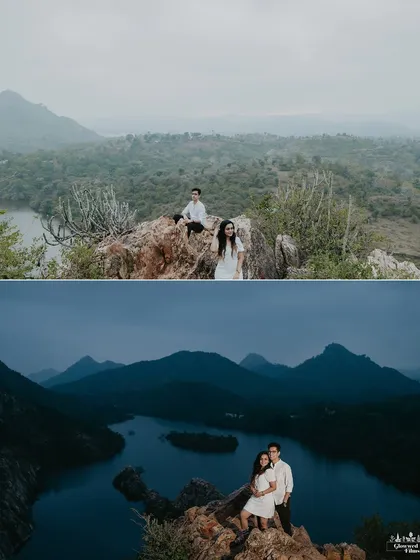 A tale of two lights in Udaipur. The top image shows the soft, hazy light of day over the lake, while the bottom image captures the dramatic deep blue of twilight, showcasing how we work with changing natural light.