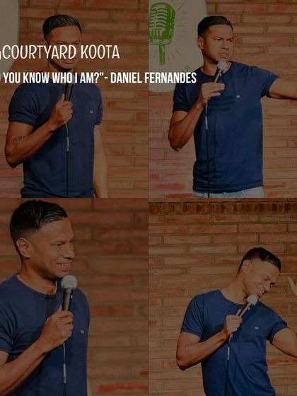 A collage from Daniel Fernandes' show "Do You Know Who I Am?", capturing his dynamic stage presence and expressions during a hilarious set.