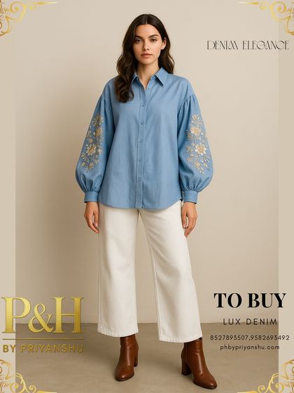 A light-wash blue denim shirt with voluminous sleeves and delicate gold floral embroidery, paired with crisp white wide-leg jeans for a fresh and elegant look.
