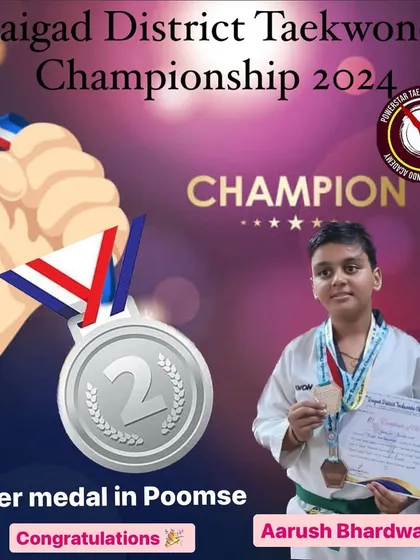 Aarush Bhardwaj with his silver medal in Poomsae at the Raigad District Championship. His precision and form were outstanding.