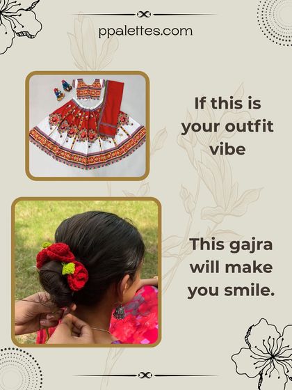 This red rose crochet gajra is the perfect match for a classic red and white chaniya choli, adding a touch of handmade elegance to your Garba or Dandiya outfit.