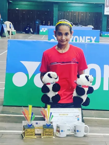 Aditi Yadav celebrating her double crown victory at the YONEX SUNRISE Maharashtra State Open 2023, winning both U13 Singles and Doubles.