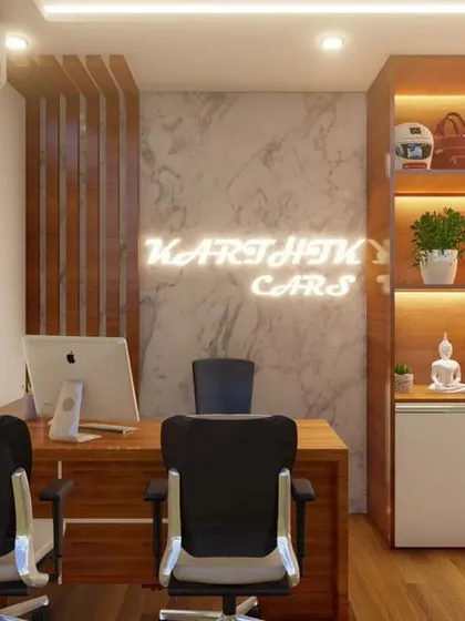 A close-up of the main desk and backlit display cabinet, which is perfect for showcasing awards, products, or personal items.