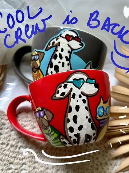 The 'Cool Crew' is back. My popular cappuccino mugs featuring a gang of cool pets are available again, now in two new colors, red and grey.