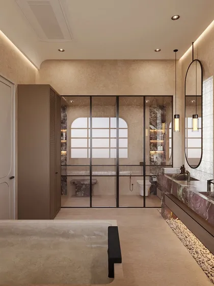 A wide view of the bathroom, showing the large freestanding tub and the glass-enclosed shower and toilet area. The space is designed to feel like a serene, personal retreat.