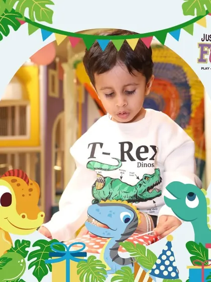 The birthday boy, wearing his T-Rex shirt, is completely absorbed in the fun. We ensure that every part of our play area contributes to the theme and excitement of the day.