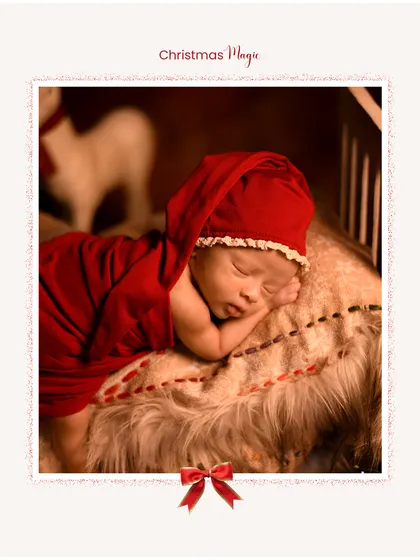 A classic and elegant newborn Christmas portrait. The simple white border and red bow add a touch of holiday card charm.