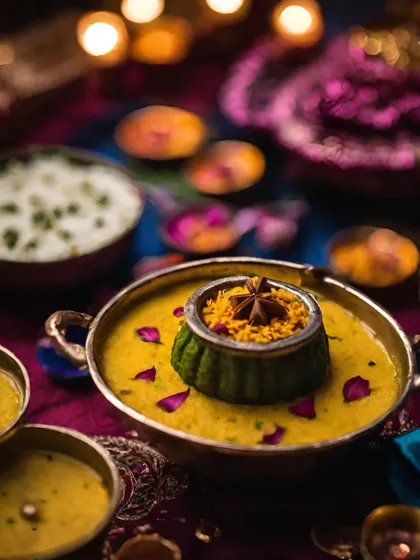 A colourful and aromatic curry, garnished with star anise and flower petals. This dish is a feast for the senses, perfect for a special celebration.