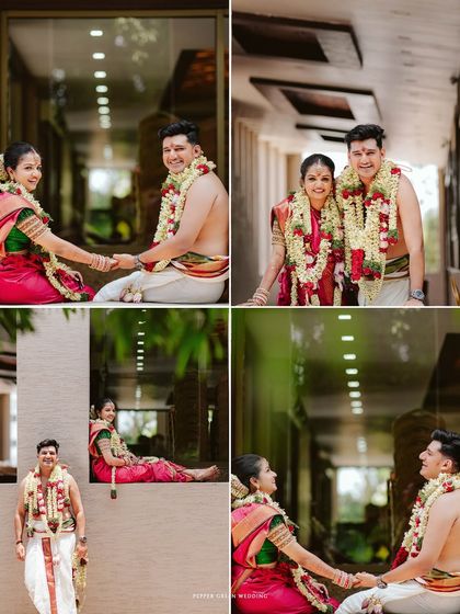 A collection of portraits of the couple after their Brahmin wedding ceremony, capturing their happiness in a modern setting.