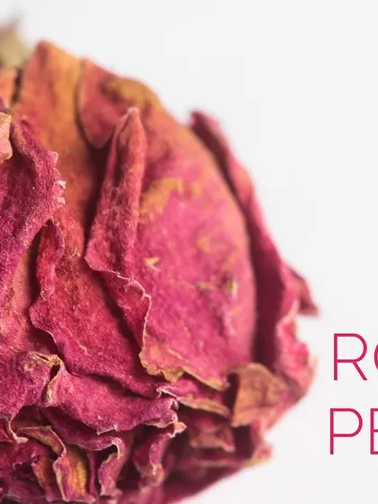 A close-up on dried rose petals, a fragrant and beautiful ingredient that we explore in our advanced Indian cooking modules.