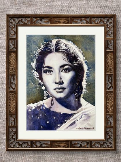 The Meena Kumari portrait in a digital frame, showing its potential as a beautiful piece of home decor.