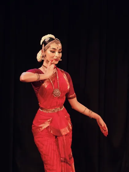 A close-up of the 'abhinaya' or expressive aspect of the dance. Here, I'm conveying a specific emotion as part of the story being told.