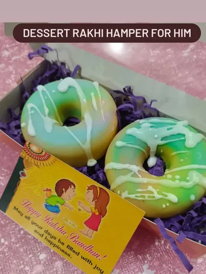 This dessert-themed Rakhi hamper for him includes two of my fun and colorful donut soaps, perfect for a brother with a sweet tooth.