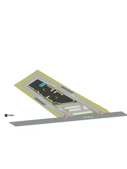 The plinth level site plan for our mixed-use tower project. This technical drawing shows the building's footprint, circulation paths, and the strategic placement of amenities like the swimming pool within the site.