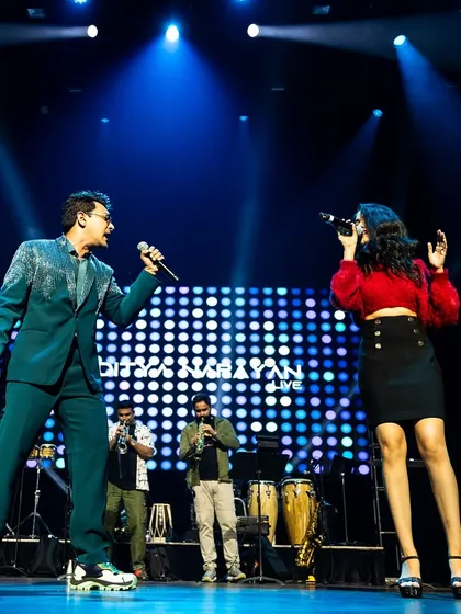 A wide shot of the stage with Aditya Narayan in Vancouver. This shows the scale of the full band setup for a major concert.