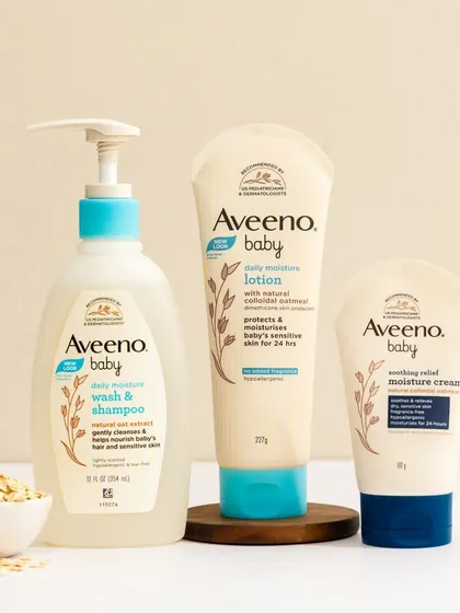 A simple and clean studio shot for a baby care line. We used natural ingredients like oats and wheat to highlight the product's gentle, natural formula, all set against a soft, neutral background.