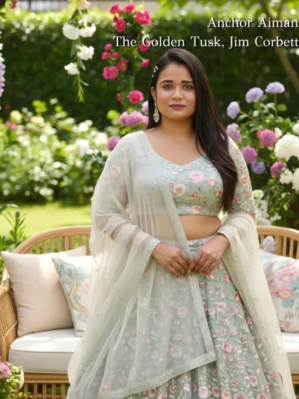 A soft, floral lehenga for hosting a beautiful Mayra ceremony at The Golden Tusk, Jim Corbett. This look is all about celebrating family traditions with grace and elegance.