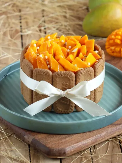 This charming mango cake is wrapped with biscuits and a white ribbon, making it a lovely gift for any mango lover.