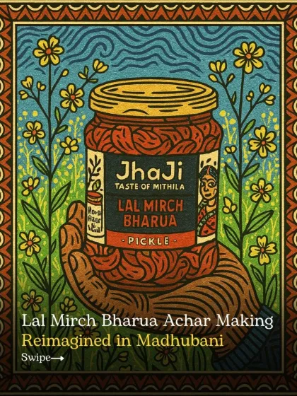 We reimagined our Lal Mirch Bharua making process in the traditional Madhubani art style. This series of AI-generated art celebrates the heritage, hands, and flavours that make our pickles special.