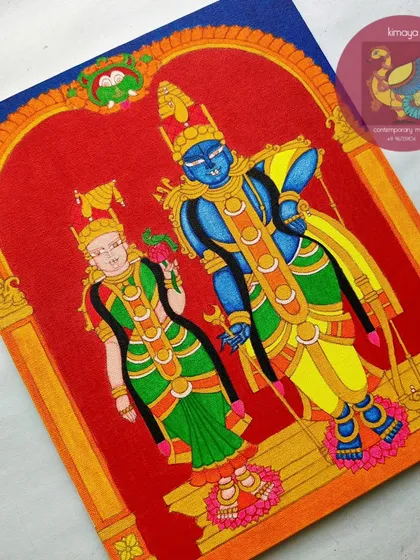 The Aandal Rangamannar painting with all colors filled in, before the final black outlining. This stage shows the pure, vibrant hues that form the base of the artwork's energy.