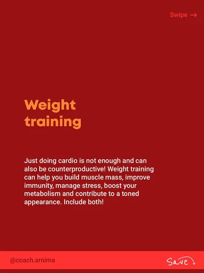 A carousel of tips for sustainable fat loss. It's not about crash diets. It's about a balanced diet, weight training, managing stress, and walking 10-12k steps daily.