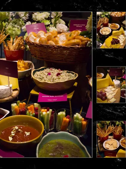 This collage captures the variety within a single grazing station. It shows close-ups of house-made dips, fresh vegetable crudités in individual glasses, artisanal cheese boards, and baskets of fresh bread, highlighting the depth of the offering.