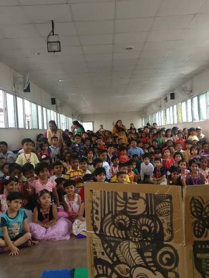 Another angle of our performance at Auden Public School, showing just how many children we can entertain with our portable stage setup.