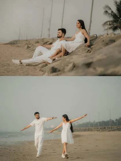A collage showing a couple relaxing on the beach rocks and walking hand-in-hand. It highlights both posed and candid moments from a seaside session.