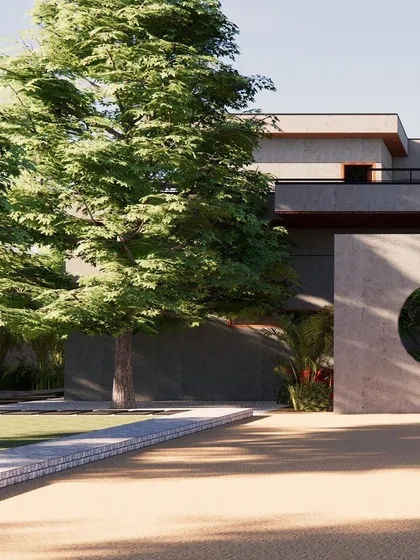 A render of a private residence where a circular aperture in a concrete wall frames the garden beyond, turning the landscape into a living piece of art. This is an example of how we use architectural elements to shape views.