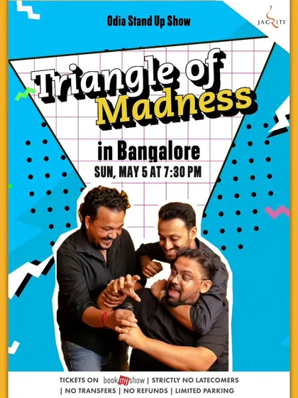 The poster for "Triangle of Madness," an Odia stand-up comedy show bringing regional humor to our Bangalore stage.