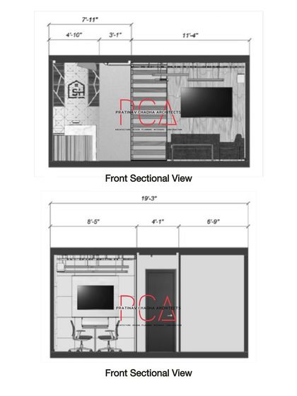 These are front sectional views from the architectural drawings for the StyleIn Homes office. Technical drawings like these are a crucial step in translating a design concept into a buildable reality.