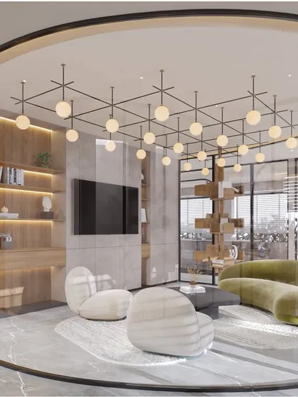For this corporate head office, the design revolves around creating an energetic and community-driven environment. The curved glass lounge serves as a central hub, promoting interaction and transparency within a sophisticated, modern workspace that features elegant furniture and thoughtful lighting.