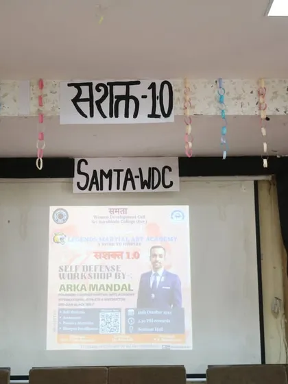 The stage is set for our 'Sashakt 1.0' self-defense workshop at Sri Aurobindo College. We work closely with student bodies like the Samta-WDC to create impactful events.