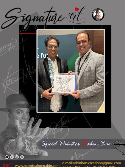 Presenting a framed piece of signature art to a guest at a Deloitte corporate event in Hyderabad. It is a memorable and personalized gift.
