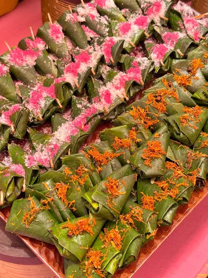 A platter of freshly made paan, the traditional Indian mouth freshener that concludes a festive meal. We offer different varieties to suit every preference.